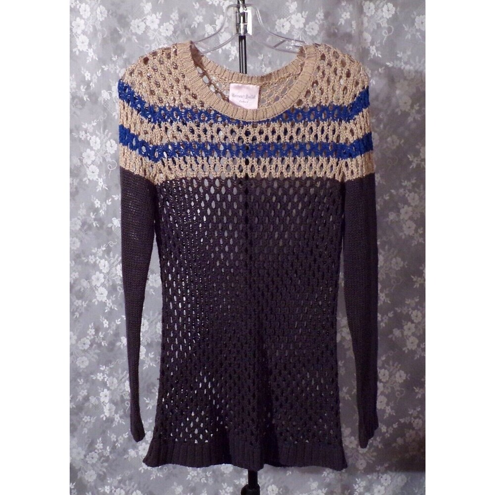 Boho Open Knit Crochet Sweater Tunic Brown Blue Tan Long Sleeve Size Medium